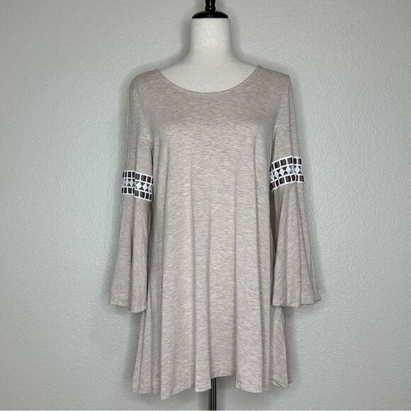 Lapis Tops - Lapis Beige Embroidered Bell Sleeves Tunic Top